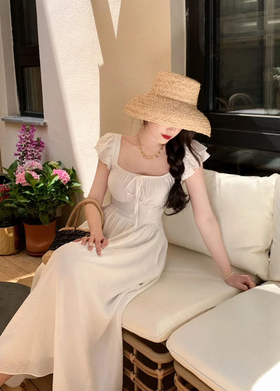 Elegant Vintage Midi Dresses for Women Summer New Square Collar High Waist Princess Party Dress Casual A-line Vestido Mujer