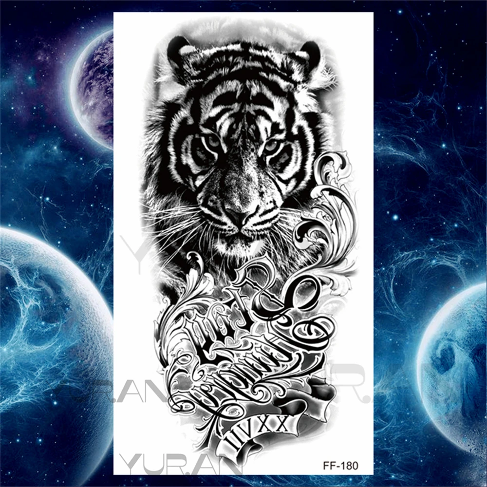 Large Lion Temporary Tattoos For Women Men Tiger Wolf Vampire Forest Flower Crown Compass Fake Tattoo Sticker Arm Body Tatoos 4