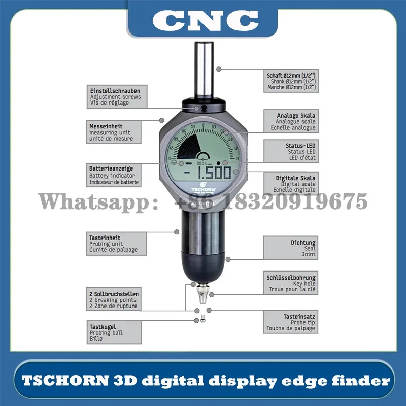 

The CNC Germany TSCHORN 3D digital display edge finder Thor splitter rod 0.005mm IP67 waterproof probe 01D30012 Cyclmotion