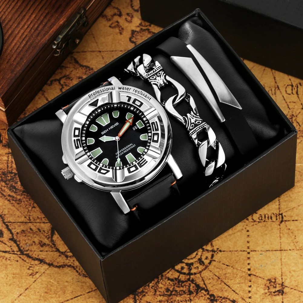 Luminous Water Resistant Men's Watch Gift Set Cowhide Quartz Date Wristwatch with 2 Bracelets Practical Gifts Box for Boyfriend