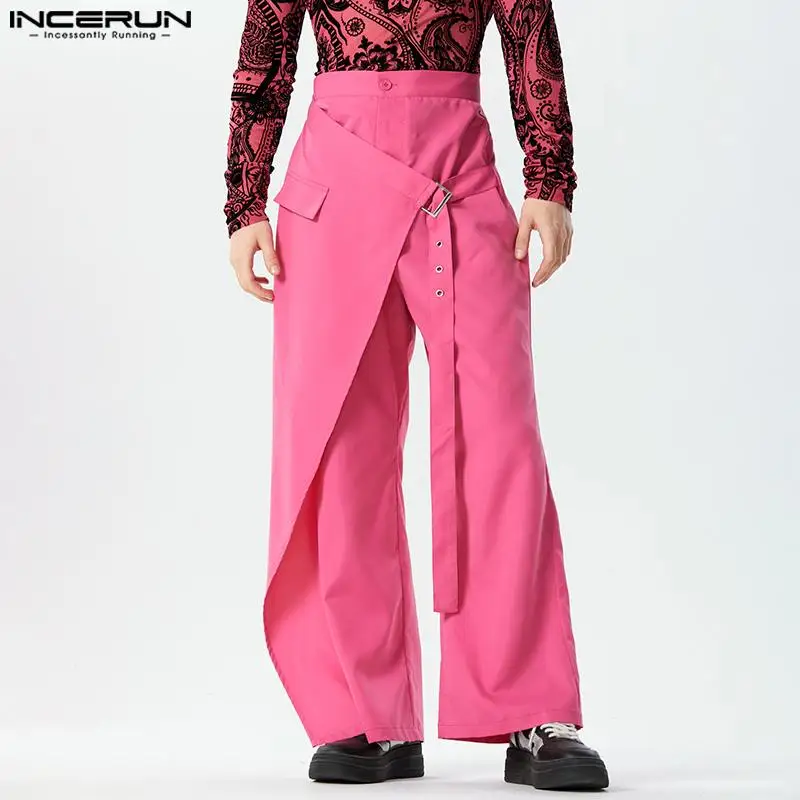 INCERUN 2023 American Style Fashion Mens Trousers Fake Two-piece Metal Buckle Pants Casual Street Solid Wide Leg Pantalons S-5XL