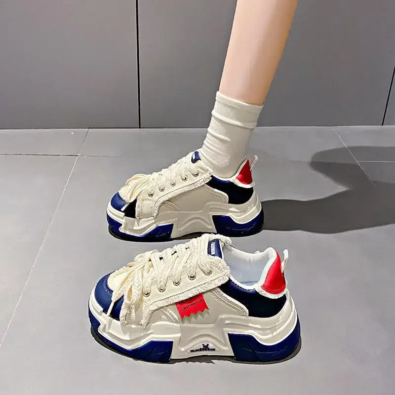 

Sneaker Thick-Soled Casual Sneakers Female 2024 Spring and Summer New Tenis Genuine Leather All-Match Black