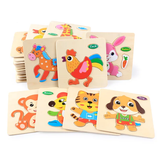 Montessori Wooden 3D Puzzle Jigsaw Toys For Children Cartoon Animal Vehicle Wood Puzzles Intelligence Kids Baby Educational Toy 2