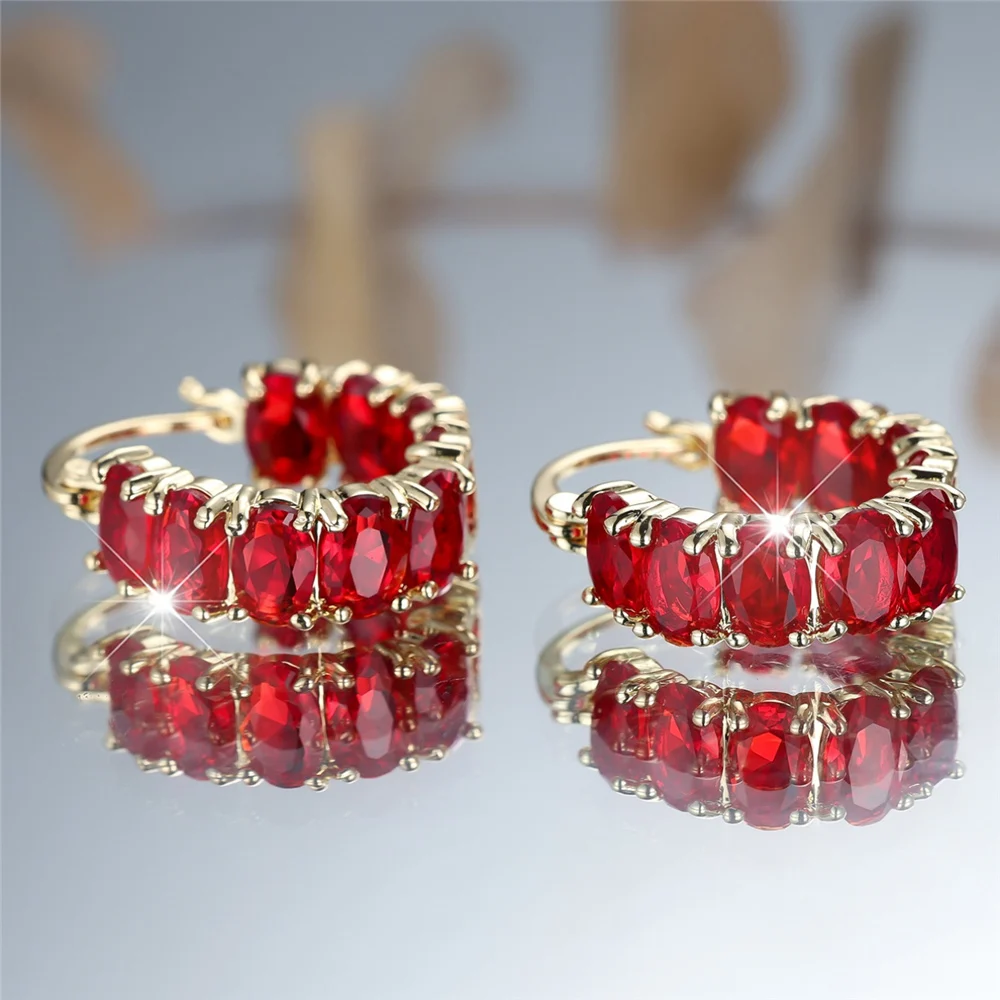 Trendy Crystal Red Zircon Stone Hoop Earrings For Women Vintage Gold Color Wedding Jewelry