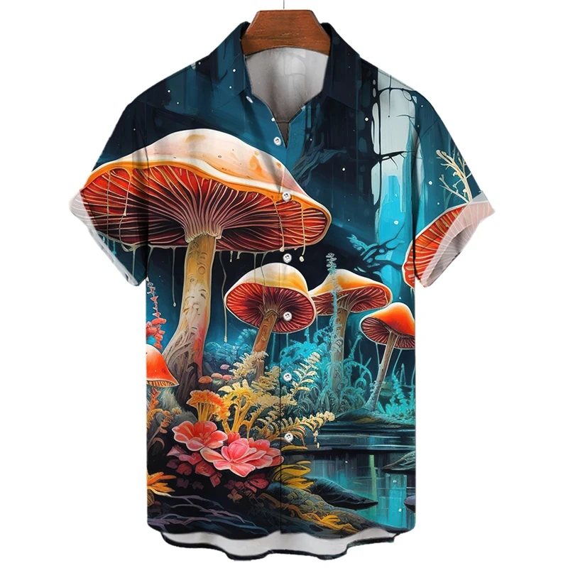 thumbnail image 1 of Camisa con estampado 3D de hongos para hombre, camisas casuales de moda de manga corta para playa, blusas de calle para hombre, camisas de gran tamaño con botones, blusas, 1 of 4