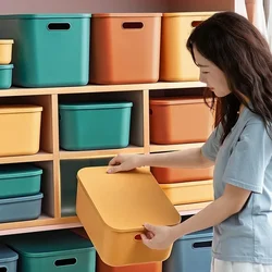 1/2 Pcs Plastic Storage Bins, Stackable Baskets with Lid and Handle,Colorful Desktop Box Cubby Containers