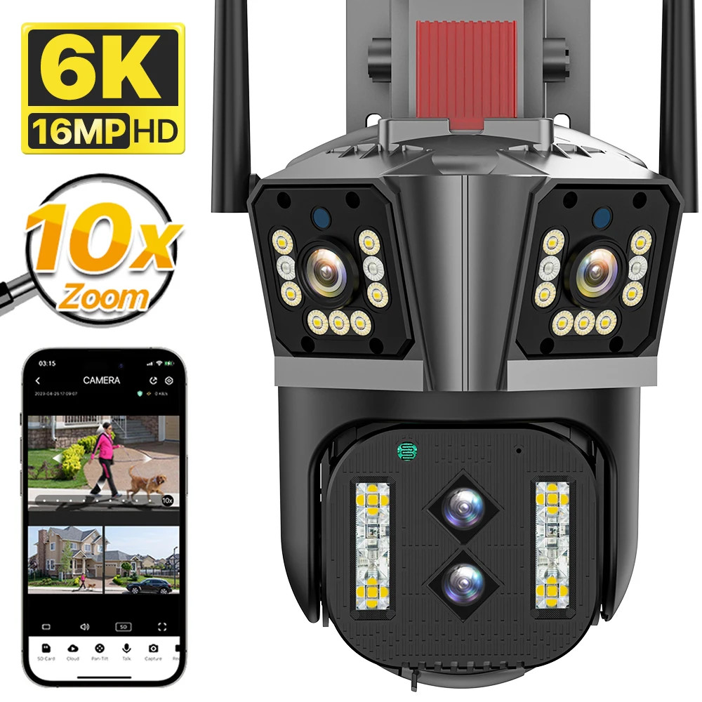 

6K HD WIFI Four Lens Three Screen Security Cam IP Camera 16MP 10X Hybrid Zoom Outdoor Auto Tracking PTZ Camera 4K Surveillance