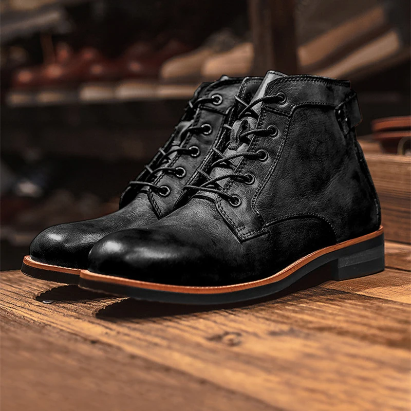 Stylish New Retro High Men's Leather Shoes Dress Business Working Brown Male Boots Lace-up Flat Casual Comfortable Men's Shoes