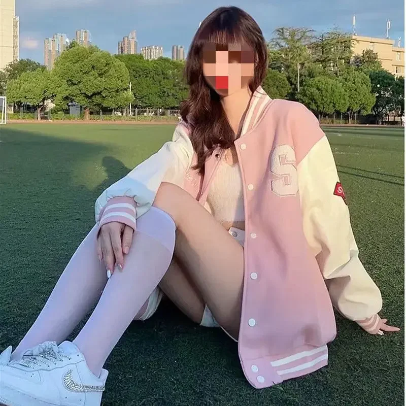 Description Picture 4 of itemVintagePreppy Style Fleece-Lined Pink Baseball Cap Women's Spring Autumn New Versatile Thickened Jacket Cardigan