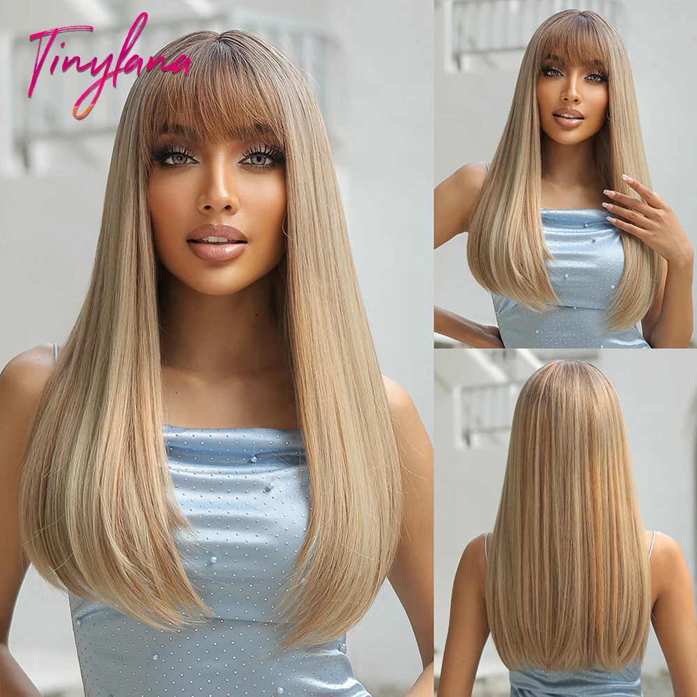 Long Straight Gray Blonde Synthetic Wigs with Bangs for White Women Lolita Cosplay Natural Hair Wig Party Daily Heat Resistant