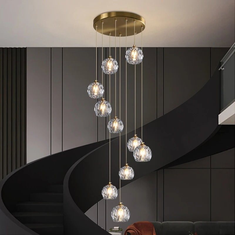 

All-copper staircase long chandelier modern minimalist duplex villa loft apartment spiral staircase light luxury crystal lamp