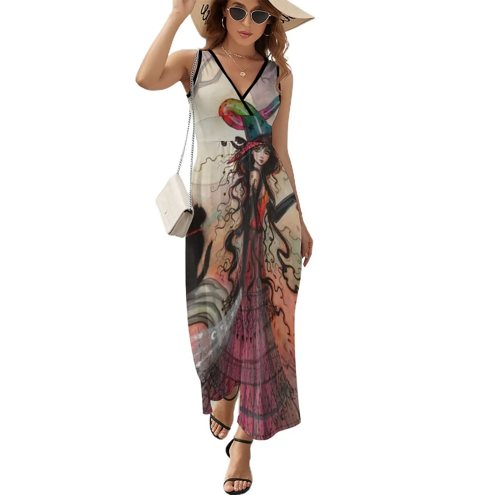 

October Flame Witch Cat Fantasy Art by Molly Harrison Sleeveless Dress Dress for pregnant women dress for women
