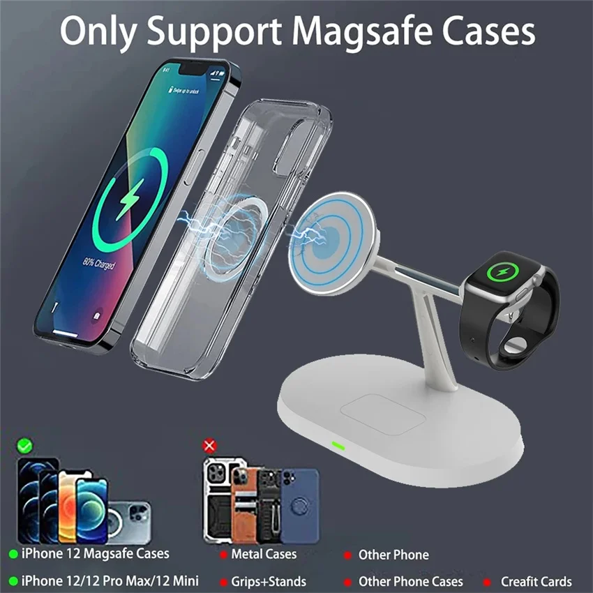 Magsafe iPhone 14 13 12 Pro Max Airpods Apple Watch 8 7 6 15W 고속 충전 스테이션용 3 in 1 자기 무선 충전기 스탠드