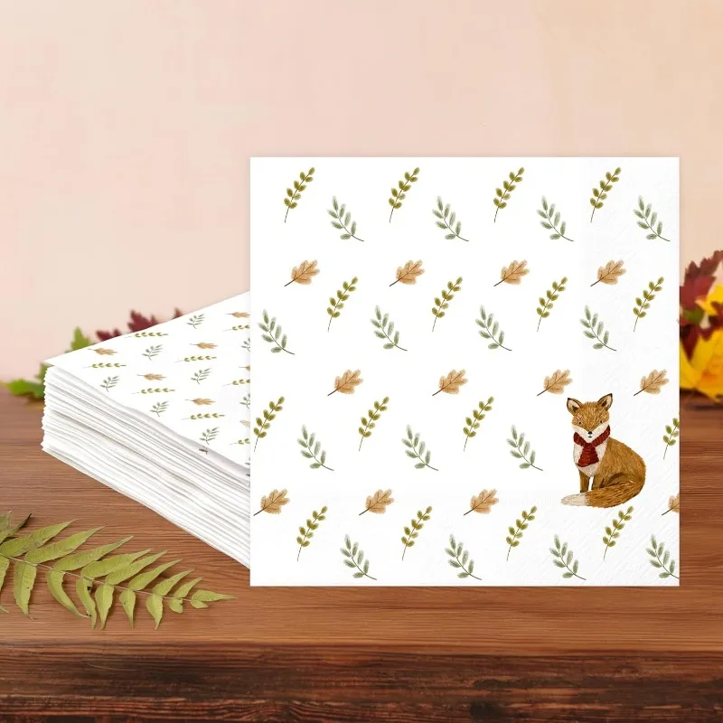 50Pcs Fox Leaves Paper Napkins for Fall Woodland Birthday Baby Shower Party Decoration Autumn Forest Tissue Paper Dinner Napkin