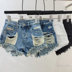 2024 Summer New Hot Girl Worn-out Design Denim Shorts Women's All-Match Loose Slimming A- Line Wide-Leg Hot Pants