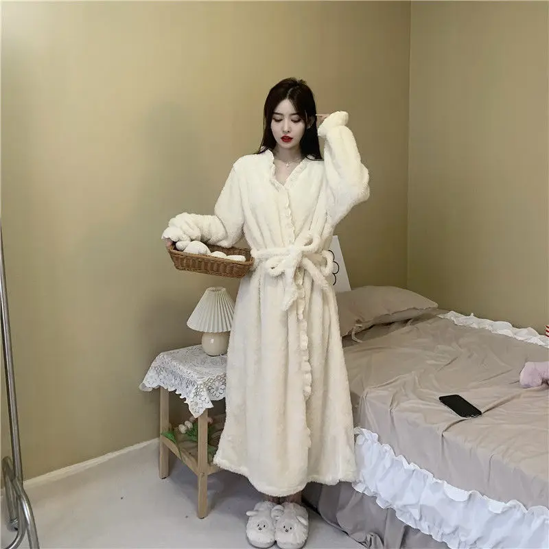 Ruffles Robe for Women Belt Sleepwear Fleece Night Wears Nightdress Winter Pajama Solid Nightgown Long Sleeve Warm Homewear