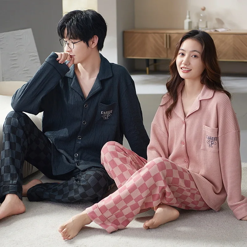 Cotton Pajamas Women's Sleepwear Autumn Cardigan Nightwear Men Home Wear Waffle Pjs Korean Fashion Home Clothes pyjama homme