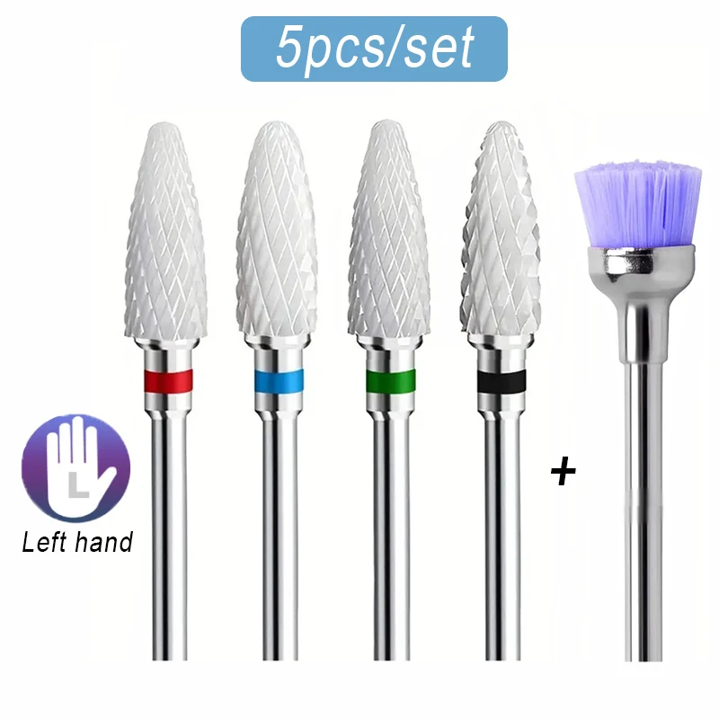 

5PCS Left-Handed Ceramic Nail Drill Bits Set Acrylic Nail File Bits 3/32'' Shank Professional For Removing Acrylic Gel Nails