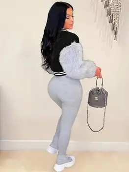 Women Faux Fur Sleeve Cropped Baseball Jacket Casual Patchwork Letterman Coat 2