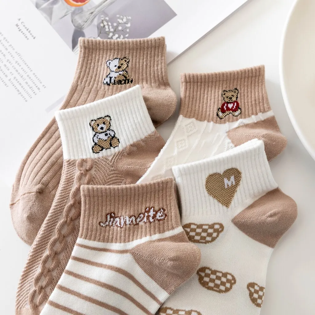 Womens Socks 5 Pairs Women Elegant Socks Retro Polyester Cotton Low Tube Girl Breathable Japanese Style Casual Stockings