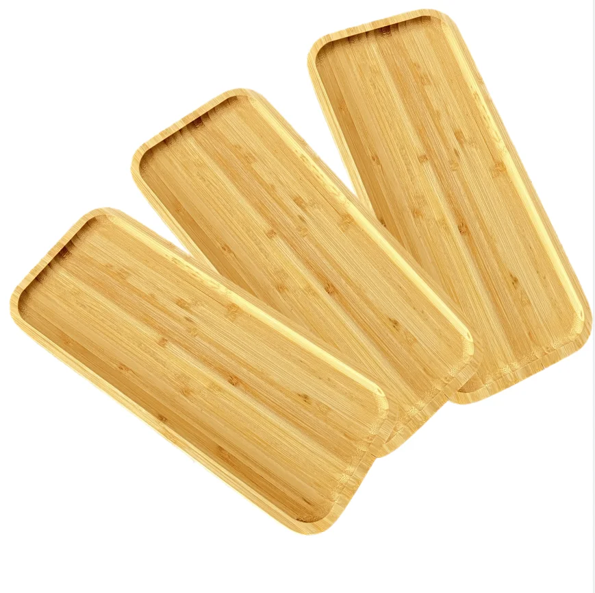Bamboo Wood Serving Trays Set of 3, Rectangular Party Plates Avoid Sliding and Spilling Food