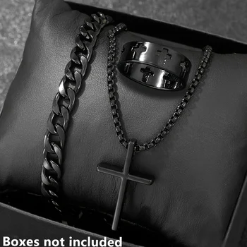Men's 3pcs Fashion Alloy Jewelry Set - Cross Pendant Necklace, Bracelet & Ring Combo 1