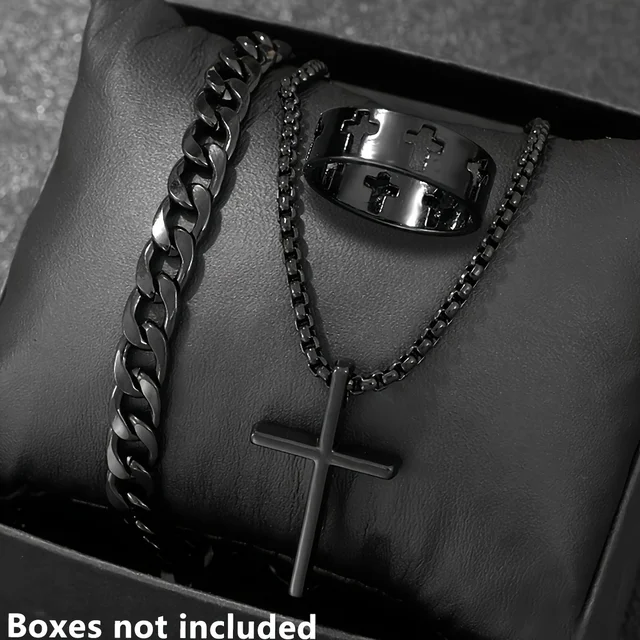 Men's 3pcs Fashion Alloy Jewelry Set - Cross Pendant Necklace, Bracelet & Ring Combo 1