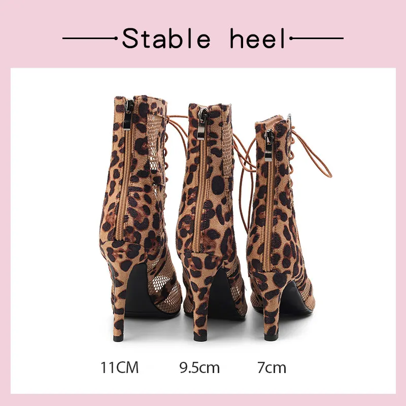 Women Leopard Print Latin Dance Shoes Women Jazz Tango Pole Dance Lace-up Sexy Mesh Boots New Soft Sole Indoor/Outdoor dance shoes