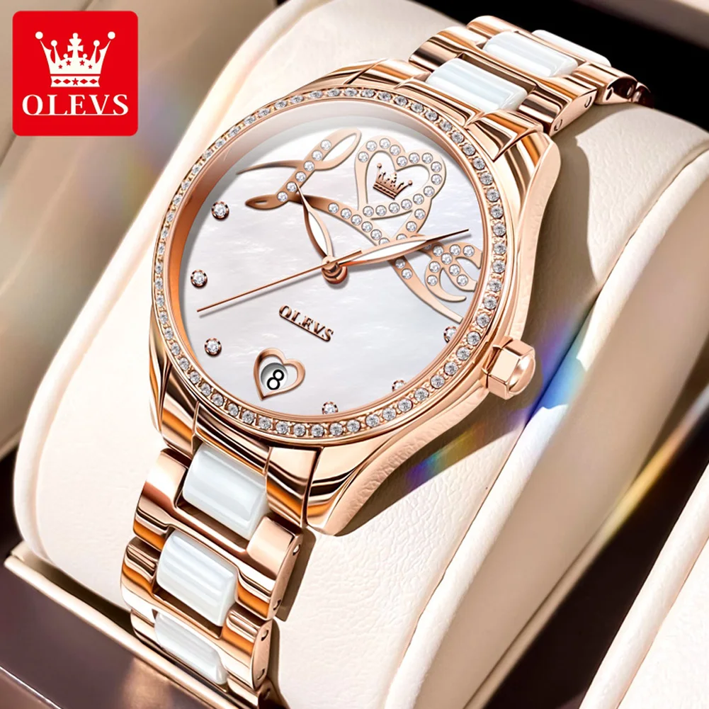 OLEVS Brand Fashion Diamond Design Mechanical Watch for Women Luxury Ceramic Strap Waterproof Luminous Calendar Womens Watches