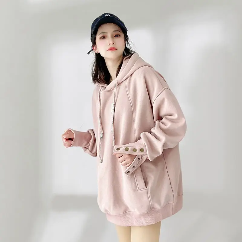 Korean Fashionable Autumn Winter Hoodie Pullover Fashion Buttons Hood Robe Outerwear Hoodie Pink
