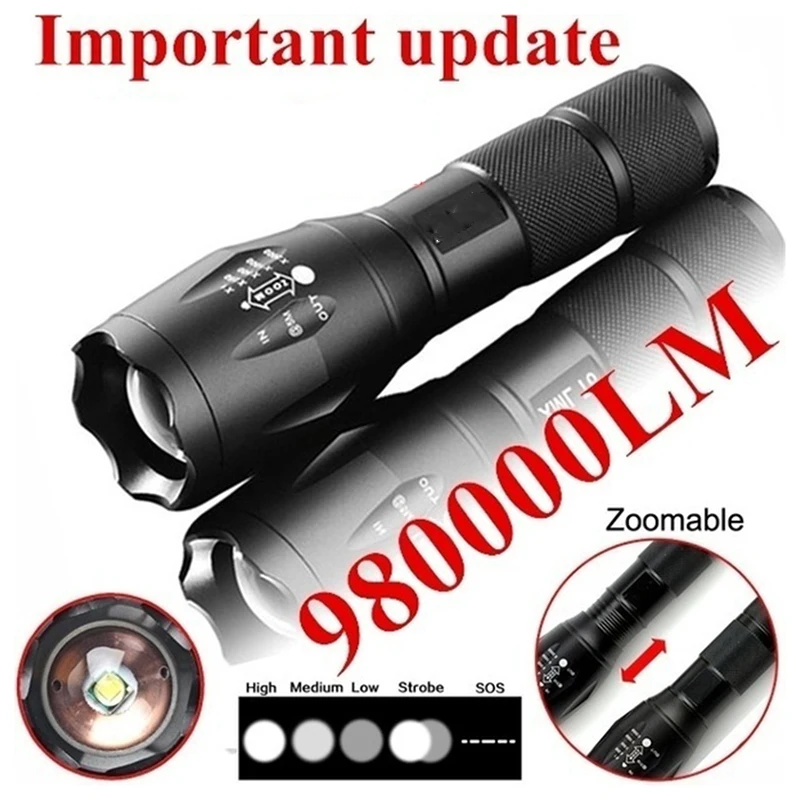 Lampe torche led puissante 10000 lumens. XML-T6LED Lampe militaire.5 Modes  + Zoom waterproof + batteries 18650 + 1 chargeur