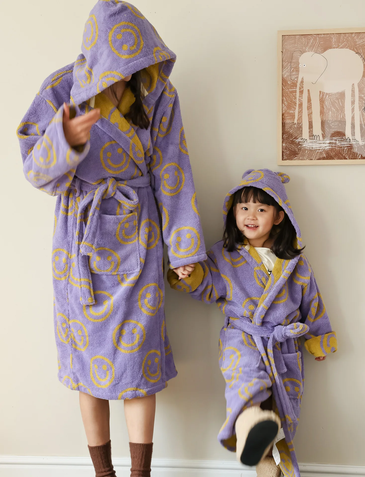 Smiley Face Pattern Cotton Parent-child Bathrobe Towel Soft Kids Ear Hoodies Bathrobe Kimono Sleepwear Coat Bath Unisex Towel