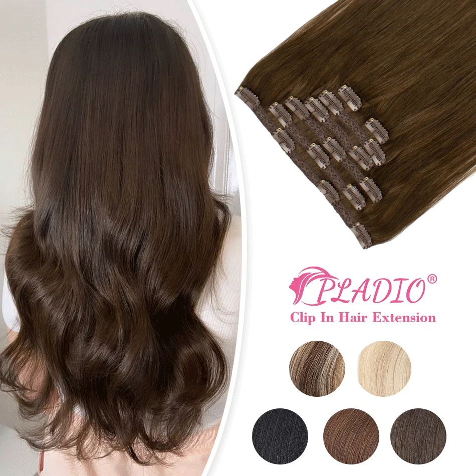

PLADIO Clip In Hair Extensions 100% Real Natural Hair Extension Remy Clip-On HairPiece Full Head 18"-24" Clips On 100G Brown