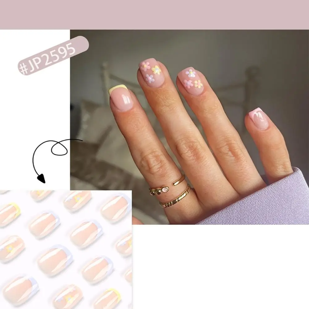 

24pcs Yellow Pink Purple Flowers Fake Nails Detachable Short Length Full Cover Nail Tips French Style False Nail Women