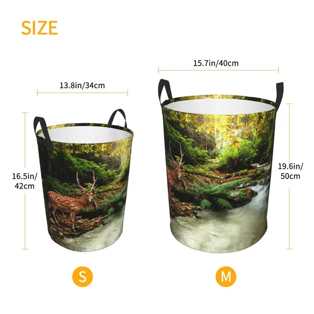 Folding Laundry Basket Tropical Forest Stream Sika Deer Round Storage Bin Large Hamper Collapsible Clothes Toy Bucket Organizer