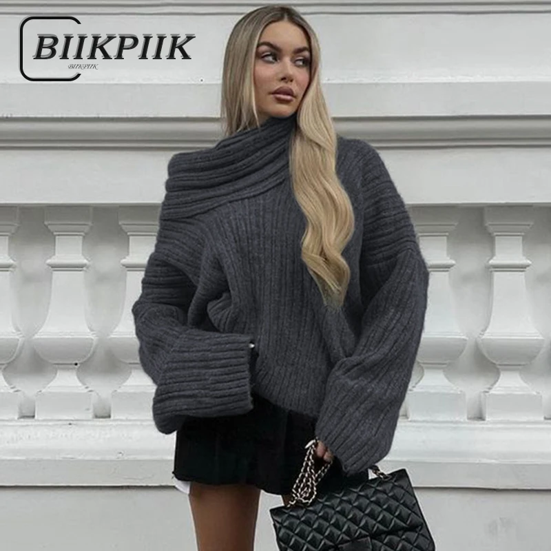 

BIIKPIIK Casual Slash Neck Loose Sweaters For Women Concise Fashion Pullover Tops Autumn Outfits Basic All-matched Warm Clothing