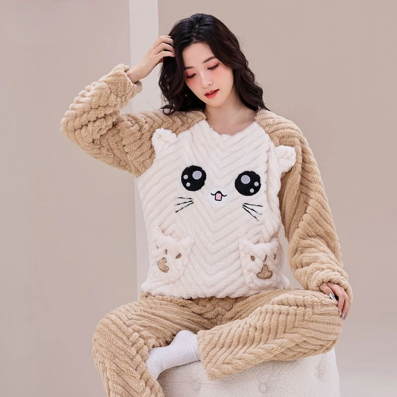 Brand Print Autumn Winter Warm Sleepwear Sets Women Pajamas Pajamas Set Large Size Pajamas Korean Hooded Zipper Pocket Thick