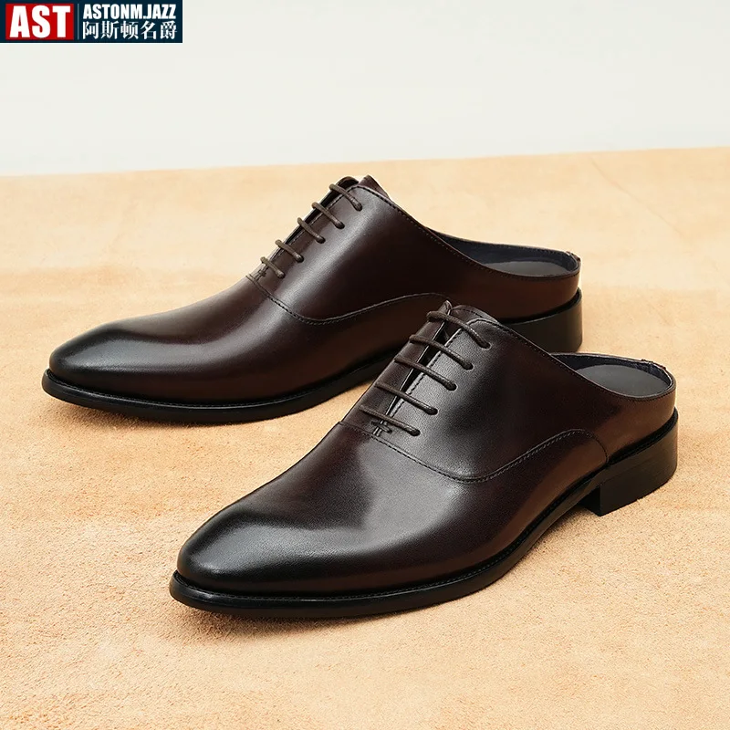 Italian Mens Half Shoes Luxury Handmade Genuine Leather Summer Retro Black Office Business Sandals Social Slippers for Male