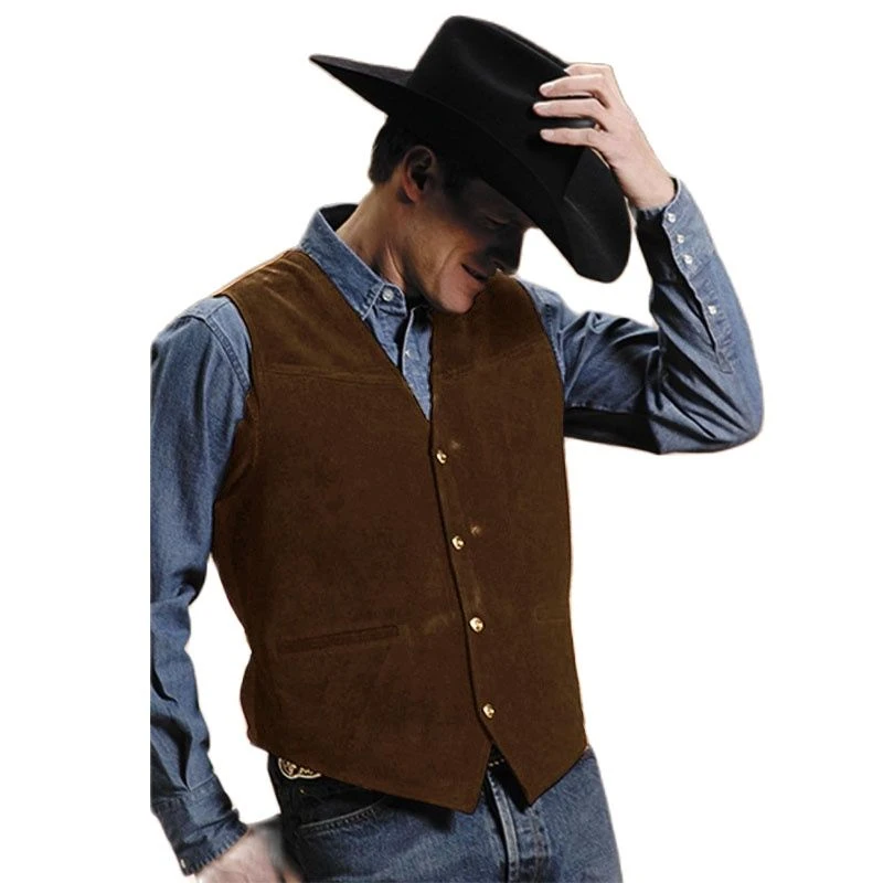 Men's Cow Leather Suit Vest Western Cowboy Style Waistcoat Steampunk
