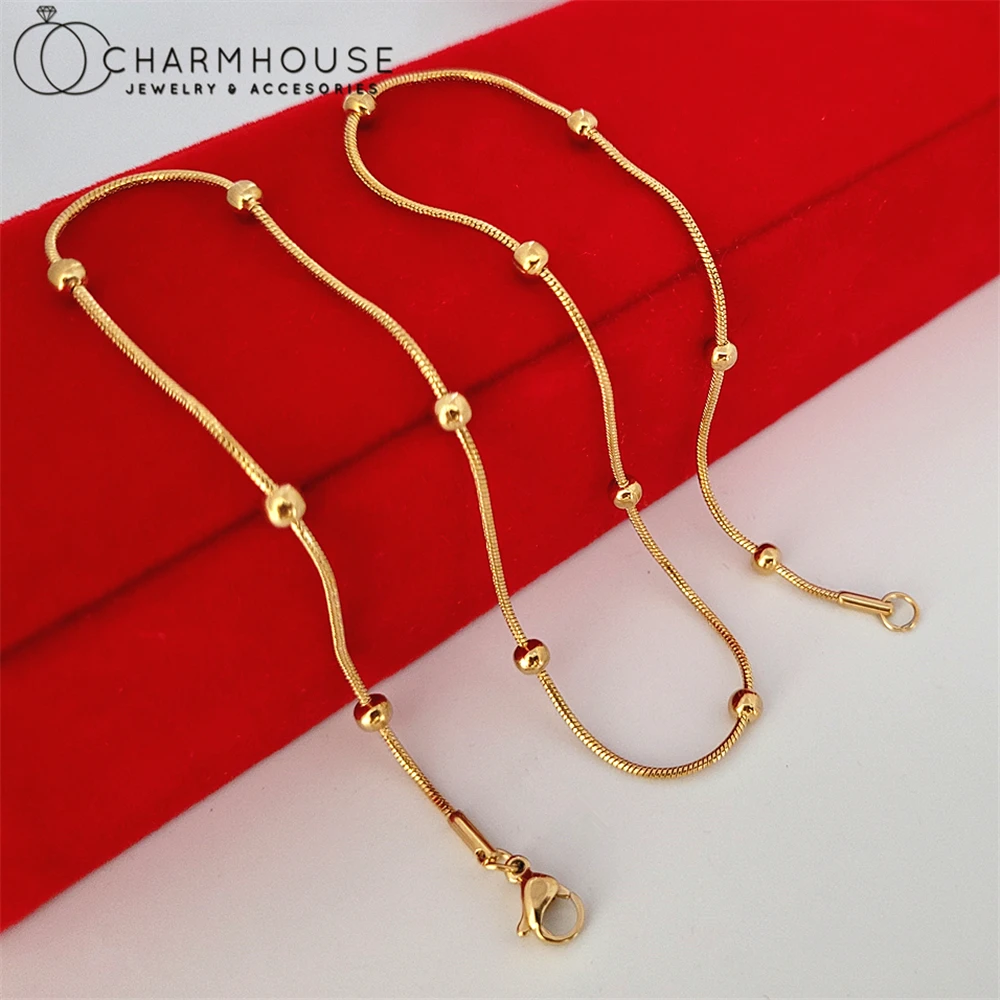 

Yellow Gold GP Chain Necklaces For Women 18inch Beaded Snake Chain Necklace Collier Femme Choker 316L Stainless Steel Jewelry