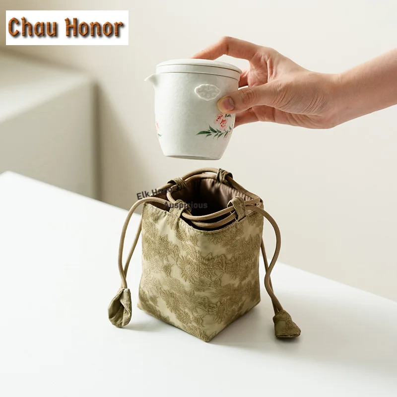 Pure Hand-painted Peach Blossom Travel Tea Set Kit Creative 1 Pot 4 Cups Tea Making Organizer Portable Outdoor Handbag Supplies