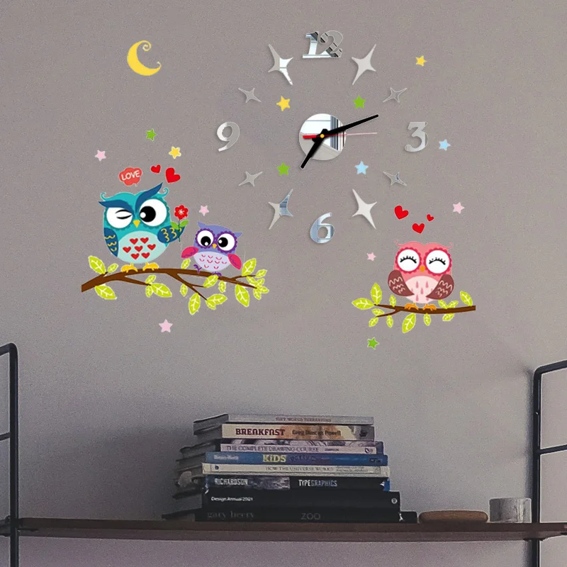 2022 Children'S Room 3D Diy Wall Clock Modern Home Decoration Owl Art Sticker Decal Acrylic Quartz Watch Living Wall Clocks