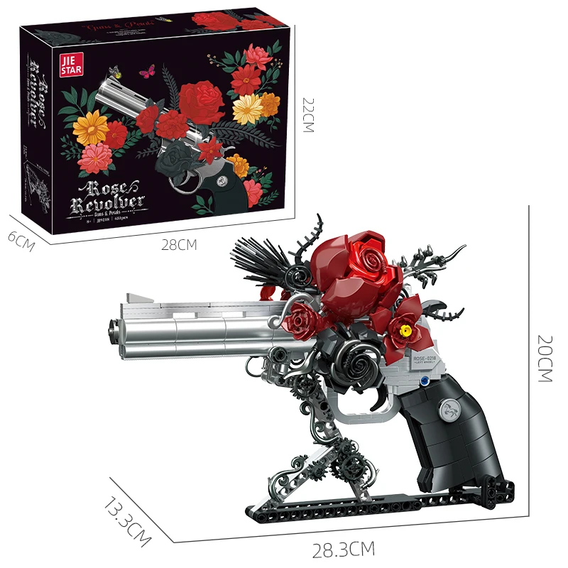 총과 꽃잎 장식 리볼버 빌딩 블록 고딕 스타일 예술 조각품(빨간 장미와 은색)