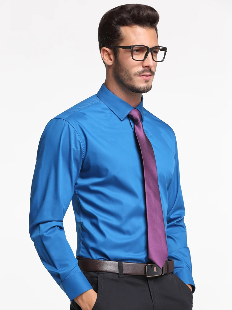 Men's Classic Silk Touch Bamboo-fiber Long Sleeve Dress Shirts Without Pocket Regular-fit Solid Business Office Easy-care Shirt