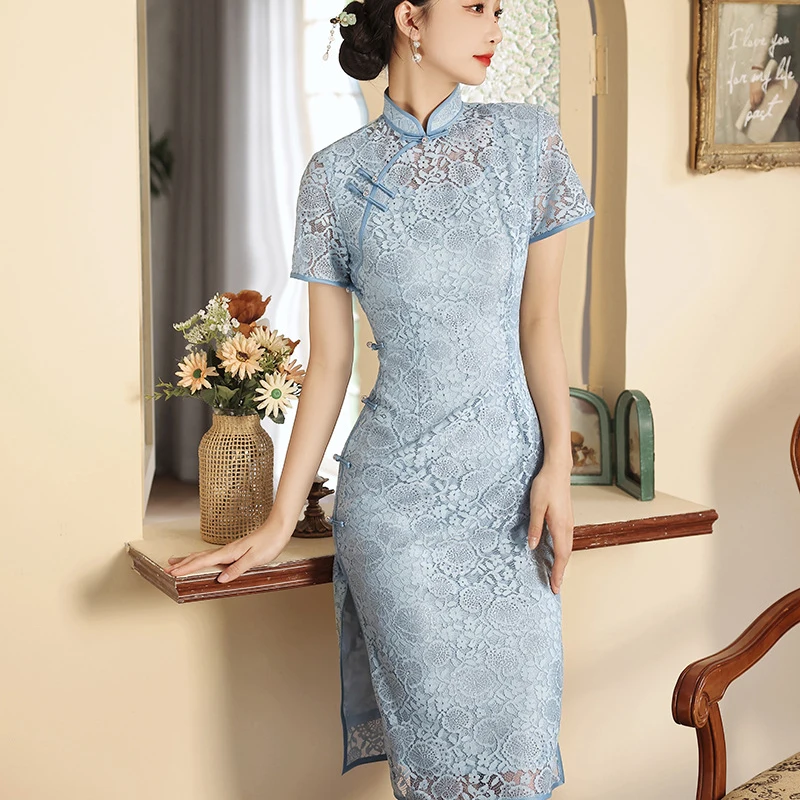 Plus Size 3XL 4XL Chinese Women Lace Qipao Sexy Spilt Cheongsam Mandarin Collar Novelty Chinese Dress Elegant Lady Party Dress