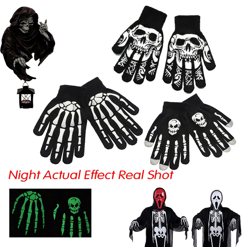 Fingered Gloves Halloween Horror Skull Claw Bone Skeleton Punk Gloves Men Holiday Party Luminous Cycling Half Finger Gloves 2