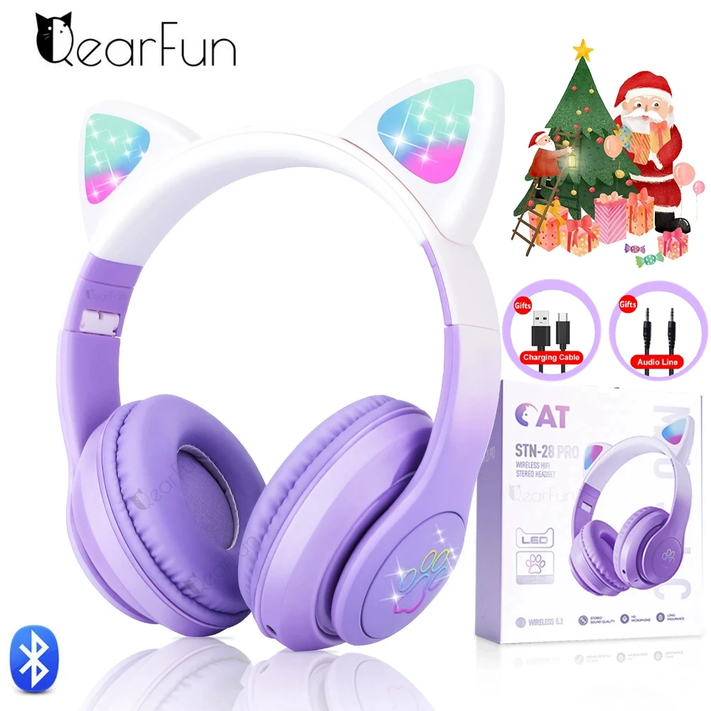 Gradient Cat Headphones Wireless with Mic Flash Light Stereo Music Bluetooth Headset Kids Headset Girl Daughter Christmas Gift