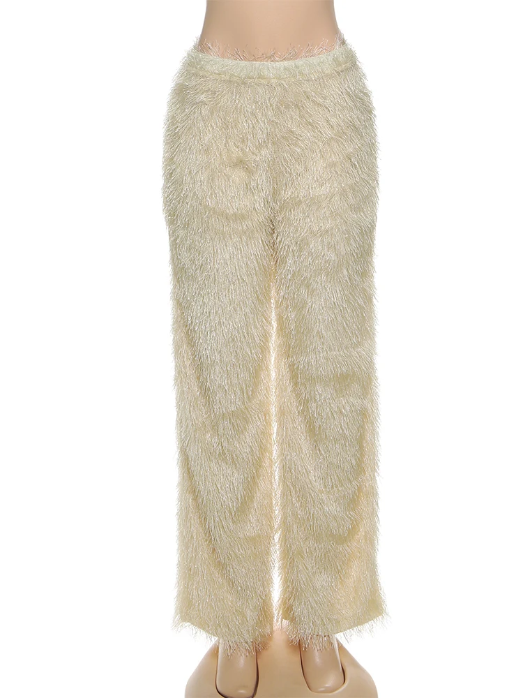 Nibber Plush Tassels Pants Women Elastic High Waist Unique Straight Casual Autumn Trend Street Wild Hottie Chic Street Bottoms
