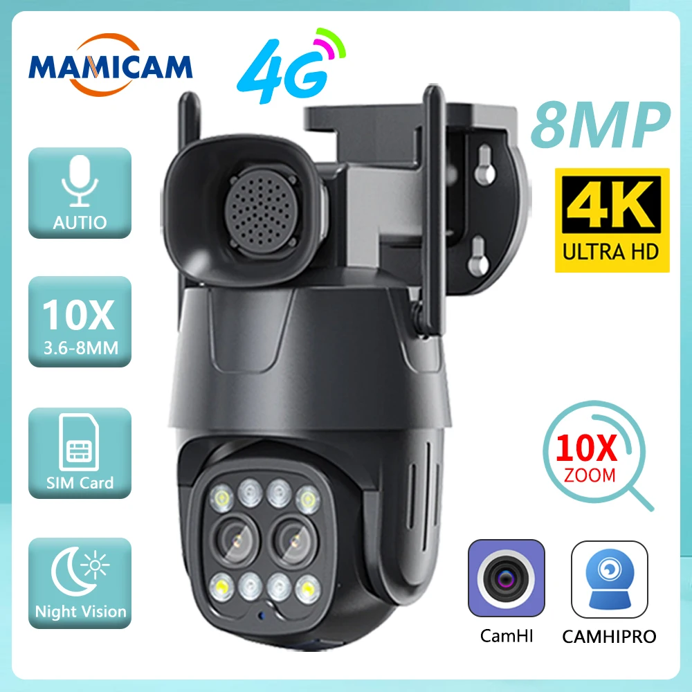 IP Camera Wifi/4G Sim Card Outdoor PTZ 8MP HD Dual Lens 3.6mm-8mm Security CCTV Cam AI Human Tracking Color Night Vision Camhi