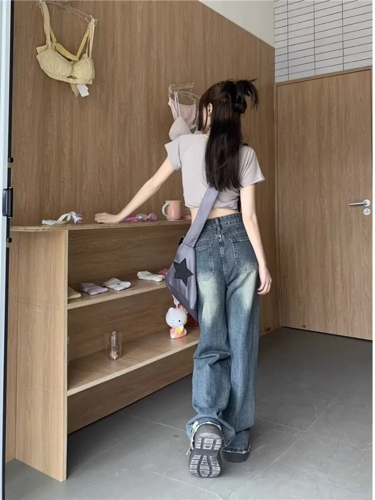 Retro Vintage Worn-out Hole Straight Leg Pants Women's Jeans Summer High Waisted Loose Fitting Wide Leg Pants Floor Length Pants